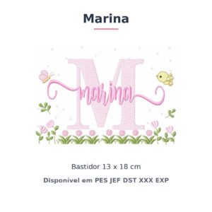Matriz de Bordado Nome Marina Jardim Flores e Pássaros 13x18