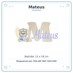 Matriz de Bordado Nome Mateus Ursinho Menino Baby Sobreposto 13x18