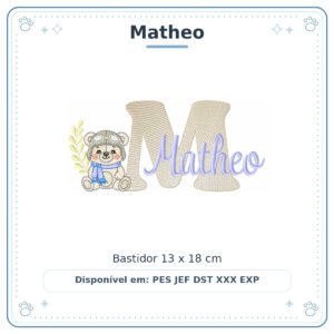 Matriz de Bordado Nome Matheo Ursinho Menino Baby Sobreposto 13x18