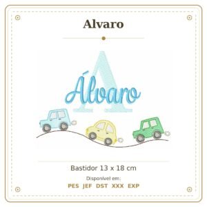 Matriz de Bordado Nome Alvaro Carrinho e Carros Nome Sobreposto 13x18