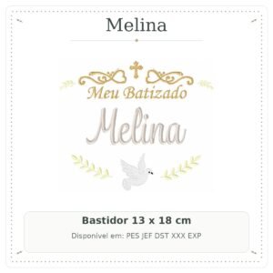 Matriz de Bordado Nome Melina Batizado com Pomba Branca e Ramos 13x18