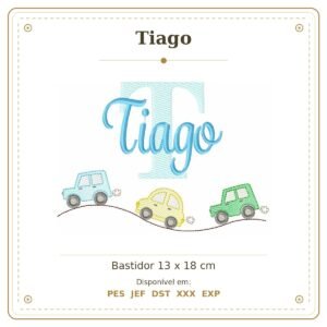 Matriz de Bordado Nome Tiago Carrinho e Carros Nome Sobreposto 13x18