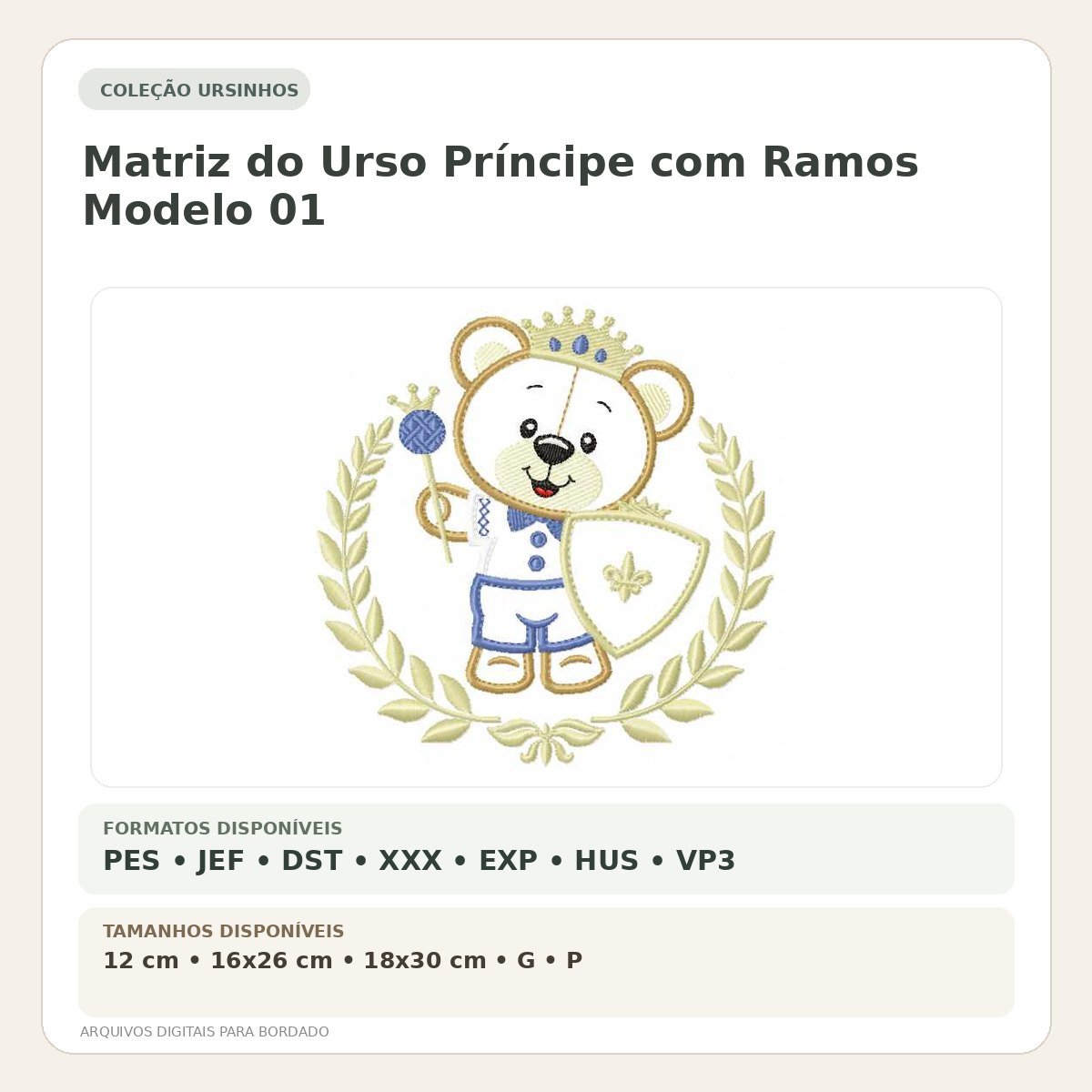Matriz de Bordado Urso Príncipe com Ramos Modelo 01