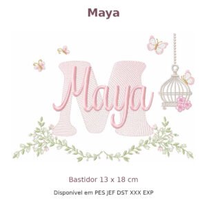 Matriz de Bordado Nome Maya Gaiola e Flores 13x18