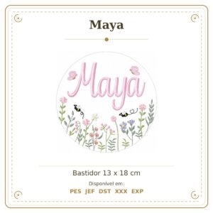 Matriz de Bordado Nome Maya Bastidor Feminino Jardim de Borboletas e Flores 13x18