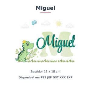 Matriz de Bordado Nome Miguel Dino e Dinossauro 13x18