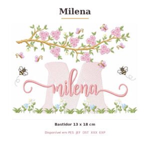 Matriz de Bordado Nome Milena Jardim e Abelhas 13x18
