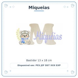 Matriz de Bordado Nome Miqueias Ursinho Menino Baby Sobreposto 13x18