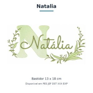 Matriz de Bordado Nome Natalia Ramos e Folhas 13x18