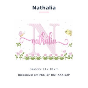 Matriz de Bordado Nome Nathalia Jardim Flores e Pássaros 13x18
