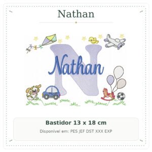 Matriz de Bordado Nome Nathan Cavalinhos com Pipa 13x18