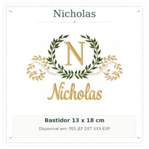 Matriz de Bordado Nome Nicholas Arabesco com Ramo Luxo 13x18