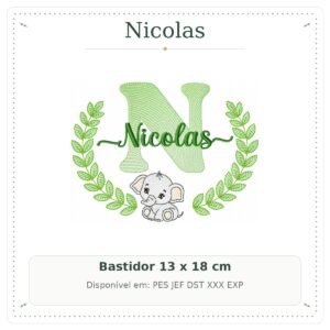 Matriz de Bordado Nome Nicolas com Elefantinho Safari 13x18
