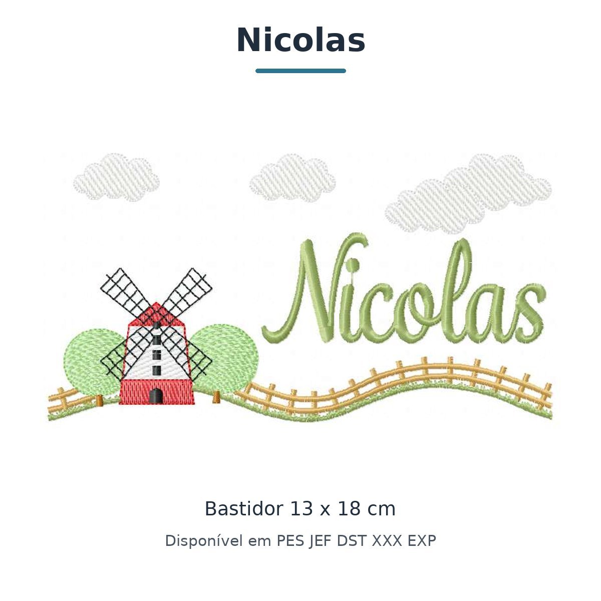 Matriz de Bordado Nome Nicolas Fazendinha 13x18