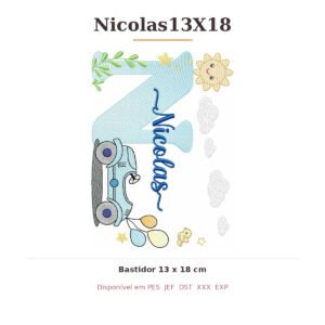 Matriz de Bordado Nome Nicolas Carrinhos 13x18