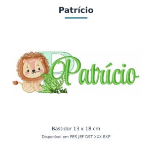 Matriz de Bordado Nome Patrício Leão Safari 13x18