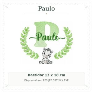 Matriz de Bordado Nome Paulo com Zebra Safari 13x18