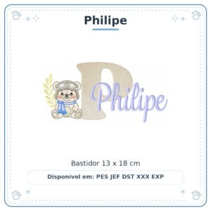 Matriz de Bordado Nome Philipe Ursinho Menino Baby Sobreposto 13x18