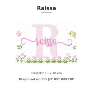 Matriz de Bordado Nome Raissa Jardim Flores e Pássaros 13x18