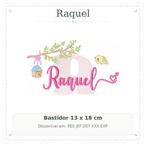 Matriz de Bordado Nome Raquel Jardim de Pássaros e Galhos 13x18