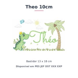 Matriz de Bordado Nome Theo 10cm Dino e Dinossauro 13x18
