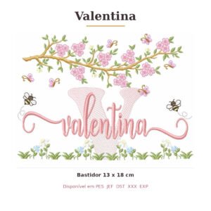 Matriz de Bordado Nome Valentina Jardim e Abelhas 13x18