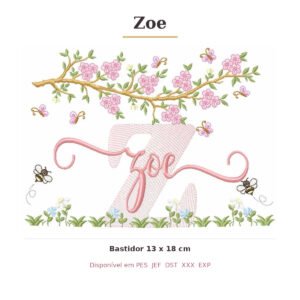 Matriz de Bordado Nome Zoe Jardim e Abelhas 13x18