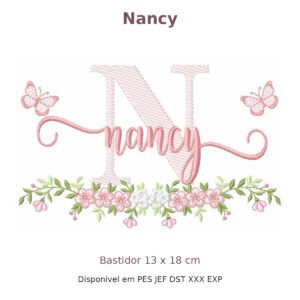 Matriz de Bordado Nome Nancy Borboleta e Flores 13x18