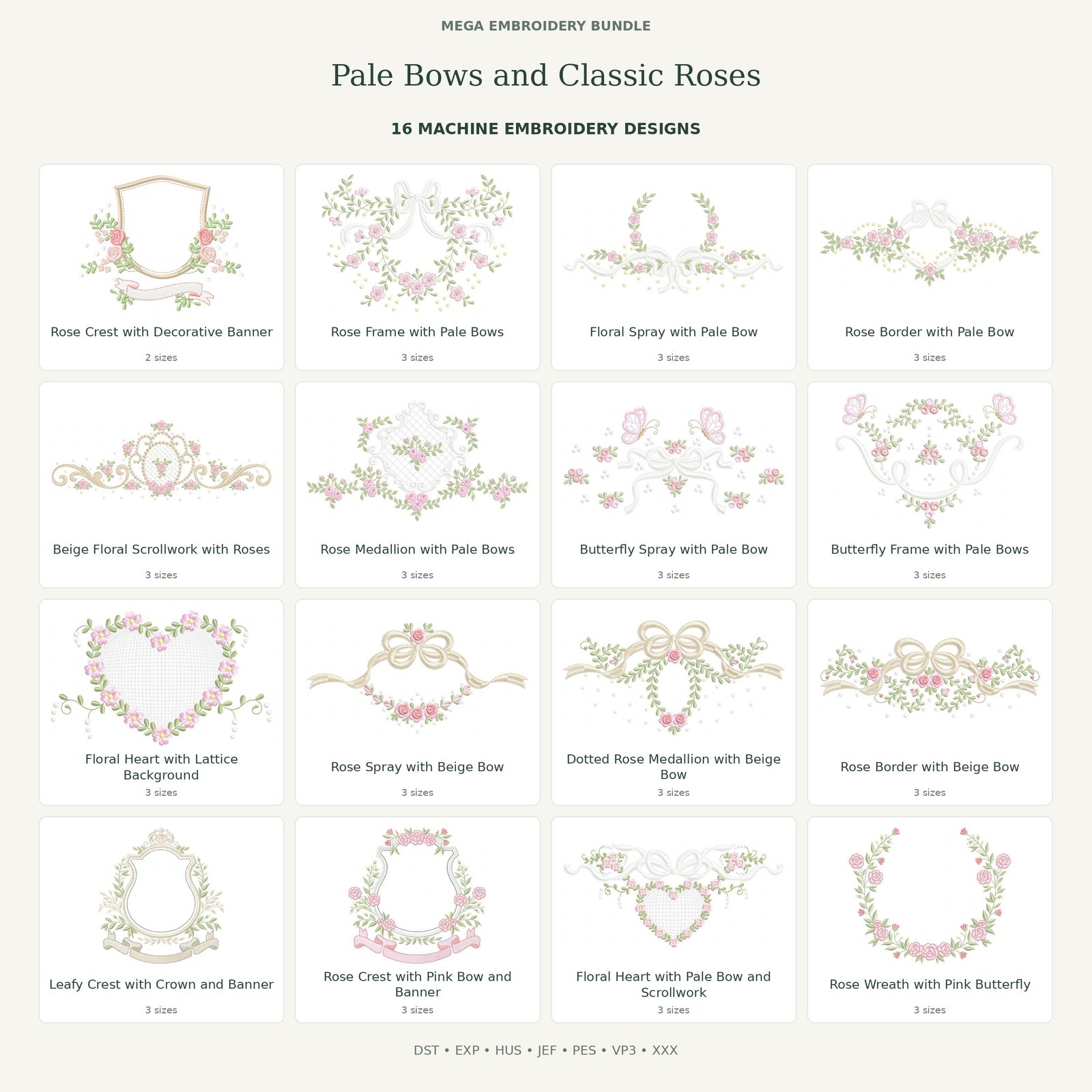 Pale Bows and Classic Roses Mega Embroidery Bundle