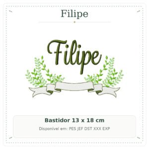 Matriz de Bordado Nome Filipe Ramos e Folhas Verde 13x18