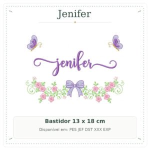 Matriz de Bordado Nome Jenifer Flores Roxas com Borboletas 3 13x18